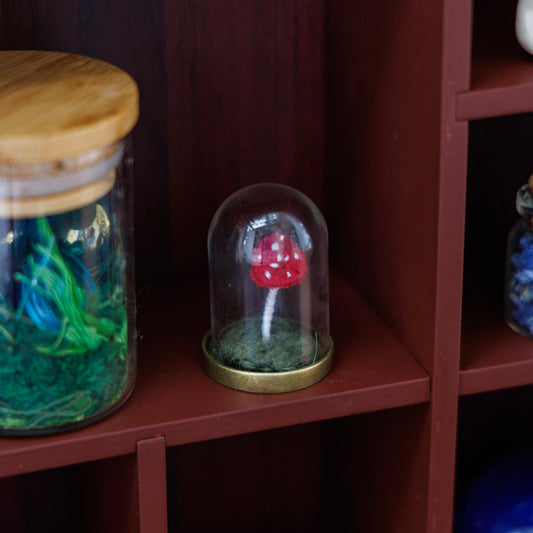 A small red mushroom with white spots under a clear glass dome on a brass base, displayed on a dark reddish-brown shelf.